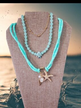 Aqua Beach Layered Necklace Set with Starfish Pendant - Women Jewelry